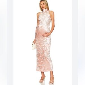 Elegant Pink Velvet Maternity Midi Dress